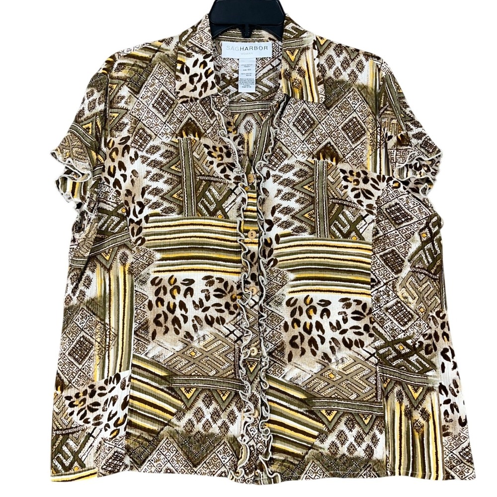 Sag Harbor Ruffle Blouse Woman 16W Short Sleeve Button Front Top Safari Print